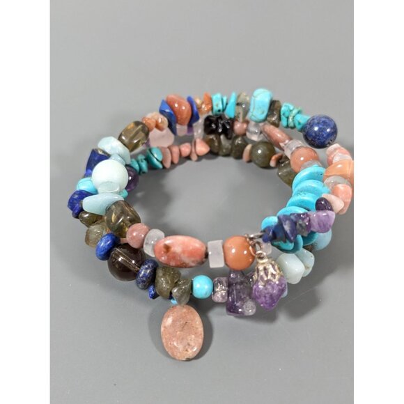 Multi Gemstone Bead Flex Wire Coil Wrap Bracelet 7" Amethyst Quartz - Picture 4 of 8